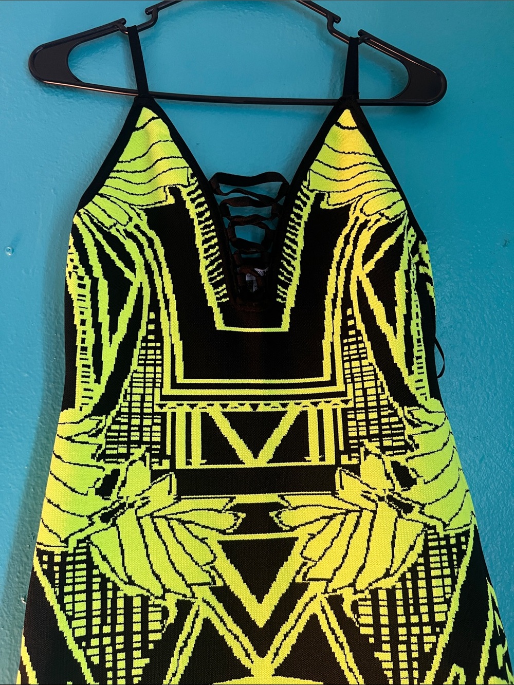 Neon Yellow & Black Geometric Bodycon Bandage Dress Large - Picture 3 of 13